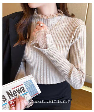 Core - spun yarn lace edge semi - turtleneck sweater bottoming shirt women's autumn and winter new inner slim - fitting long - sleeved knitted sweater top - Negative Apparel