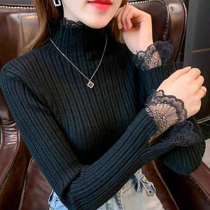 Core - spun yarn lace edge semi - turtleneck sweater bottoming shirt women's autumn and winter new inner slim - fitting long - sleeved knitted sweater top - Negative Apparel