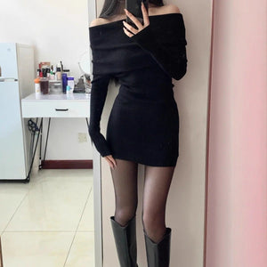 Core - spun yarn, one - word shoulder design, waist - closed and thin dress, children's autumn and winter new long - sleeved knitted hip - wrapped skirt, inner fit - Negative Apparel