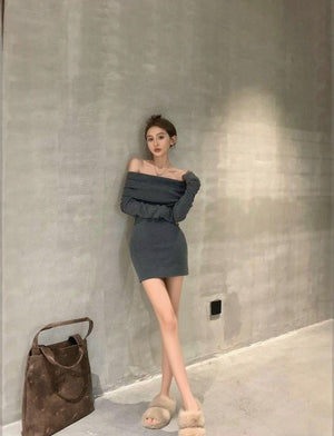 Core - spun yarn, one - word shoulder design, waist - closed and thin dress, children's autumn and winter new long - sleeved knitted hip - wrapped skirt, inner fit - Negative Apparel