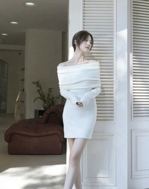 Core - spun yarn, one - word shoulder design, waist - closed and thin dress, children's autumn and winter new long - sleeved knitted hip - wrapped skirt, inner fit - Negative Apparel