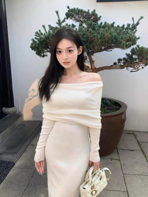 Core - spun yarn, one - word shoulder design, waist - closed and thin dress, children's autumn and winter new long - sleeved knitted hip - wrapped skirt, inner fit - Negative Apparel
