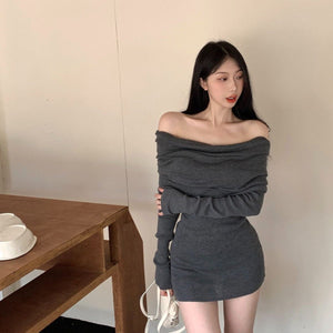 Core - spun yarn, one - word shoulder design, waist - closed and thin dress, children's autumn and winter new long - sleeved knitted hip - wrapped skirt, inner fit - Negative Apparel