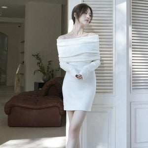 Core - spun yarn, one - word shoulder design, waist - closed and thin dress, children's autumn and winter new long - sleeved knitted hip - wrapped skirt, inner fit - Negative Apparel