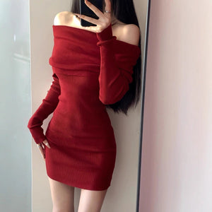 Core - spun yarn, one - word shoulder design, waist - closed and thin dress, children's autumn and winter new long - sleeved knitted hip - wrapped skirt, inner fit - Negative Apparel