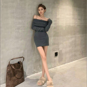 Core - spun yarn, one - word shoulder design, waist - closed and thin dress, children's autumn and winter new long - sleeved knitted hip - wrapped skirt, inner fit - Negative Apparel