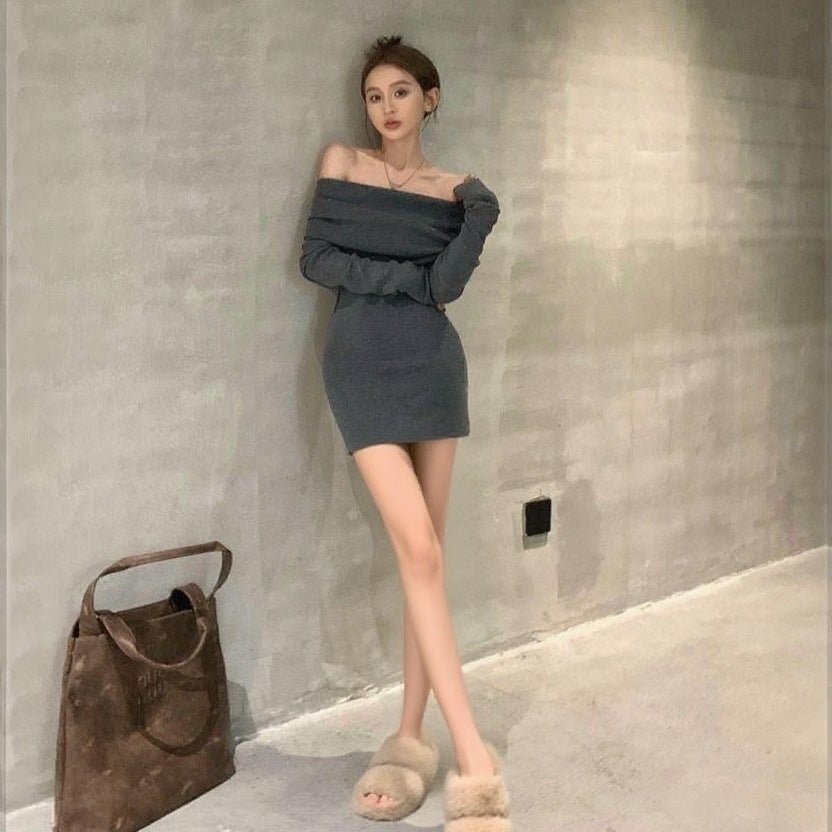 Core - spun yarn, one - word shoulder design, waist - closed and thin dress, children's autumn and winter new long - sleeved knitted hip - wrapped skirt, inner fit - Negative Apparel