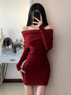 Core - spun yarn, one - word shoulder design, waist - closed and thin dress, children's autumn and winter new long - sleeved knitted hip - wrapped skirt, inner fit - Negative Apparel