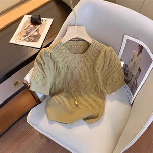 Core - spun yarn pit - striped rhombus short - sleeved crew neck knitted sweater T-shirt women's 2025 spring new sweet top bottoming shirt - Negative Apparel