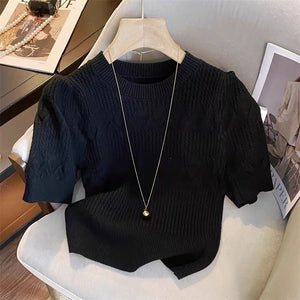 Core - spun yarn pit - striped rhombus short - sleeved crew neck knitted sweater T-shirt women's 2025 spring new sweet top bottoming shirt - Negative Apparel