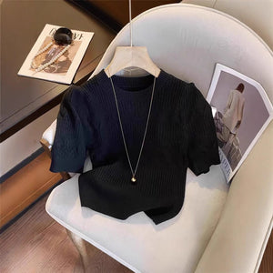 Core - spun yarn pit - striped rhombus short - sleeved crew neck knitted sweater T-shirt women's 2025 spring new sweet top bottoming shirt - Negative Apparel