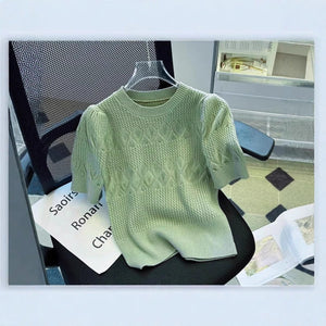 Core - spun yarn pit - striped rhombus short - sleeved crew neck knitted sweater T-shirt women's 2025 spring new sweet top bottoming shirt - Negative Apparel