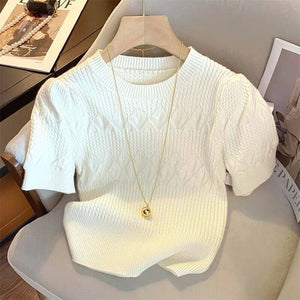 Core - spun yarn pit - striped rhombus short - sleeved crew neck knitted sweater T-shirt women's 2025 spring new sweet top bottoming shirt - Negative Apparel