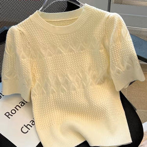 Core - spun yarn pit - striped rhombus short - sleeved crew neck knitted sweater T-shirt women's 2025 spring new sweet top bottoming shirt - Negative Apparel