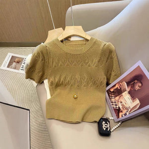 Core - spun yarn pit - striped rhombus short - sleeved crew neck knitted sweater T-shirt women's 2025 spring new sweet top bottoming shirt - Negative Apparel