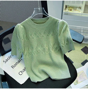 Core - spun yarn pit - striped rhombus short - sleeved crew neck knitted sweater T-shirt women's 2025 spring new sweet top bottoming shirt - Negative Apparel