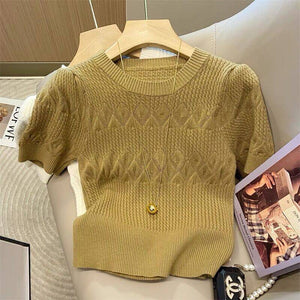 Core - spun yarn pit - striped rhombus short - sleeved crew neck knitted sweater T-shirt women's 2025 spring new sweet top bottoming shirt - Negative Apparel