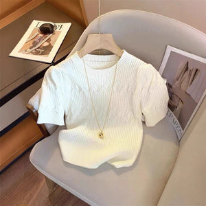 Core - spun yarn pit - striped rhombus short - sleeved crew neck knitted sweater T-shirt women's 2025 spring new sweet top bottoming shirt - Negative Apparel