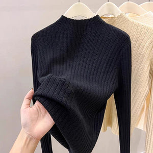 Core - spun yarn semi - turtleneck knitted sweater for women's autumn and winter super good - looking sweater Korean small fragrant style inner with medium collar bottoming top - Negative Apparel