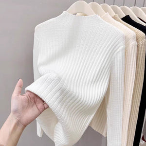 Core - spun yarn semi - turtleneck knitted sweater for women's autumn and winter super good - looking sweater Korean small fragrant style inner with medium collar bottoming top - Negative Apparel