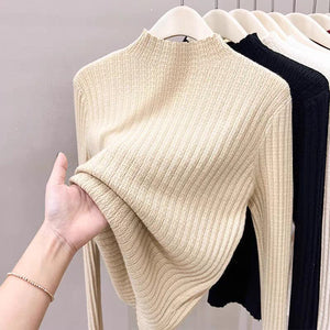 Core - spun yarn semi - turtleneck knitted sweater for women's autumn and winter super good - looking sweater Korean small fragrant style inner with medium collar bottoming top - Negative Apparel
