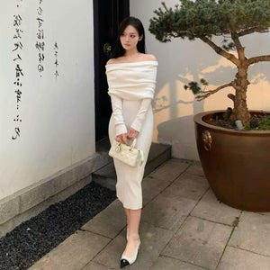 Core - spun yarn sexy gray one - word shoulder knitted dress women's early autumn trench coat with light French style hip - wrapped dress - Negative Apparel