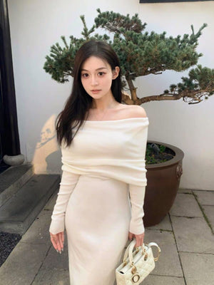 Core - spun yarn sexy gray one - word shoulder knitted dress women's early autumn trench coat with light French style hip - wrapped dress - Negative Apparel