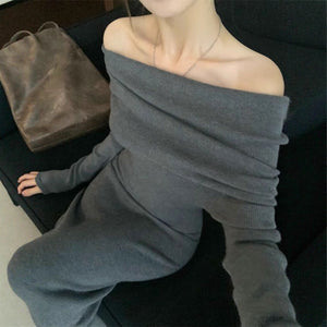 Core - spun yarn sexy gray one - word shoulder knitted dress women's early autumn trench coat with light French style hip - wrapped dress - Negative Apparel