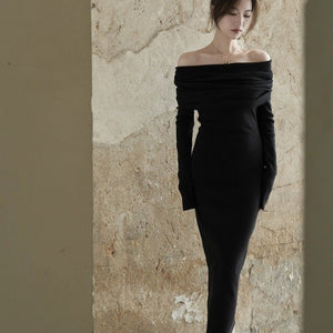 Core - spun yarn sexy gray one - word shoulder knitted dress women's early autumn trench coat with light French style hip - wrapped dress - Negative Apparel