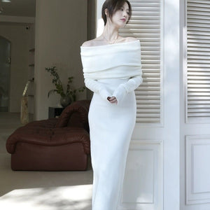 Core - spun yarn sexy gray one - word shoulder knitted dress women's early autumn trench coat with light French style hip - wrapped dress - Negative Apparel