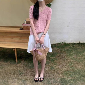 Core - spun yarn short - sleeved sweater women's spring and summer new V - neck pullover embroidered twist knitted T-shirt casual versatile top tide - Negative Apparel