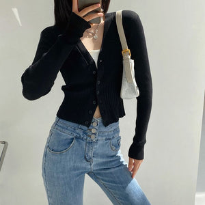 Core - spun yarn V - neck knitted cardigan women's spring new retro lazy style bottomed top slim sweater jacket women - Negative Apparel