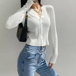 Core - spun yarn V - neck knitted cardigan women's spring new retro lazy style bottomed top slim sweater jacket women - Negative Apparel
