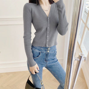 Core - spun yarn V - neck knitted cardigan women's spring new retro lazy style bottomed top slim sweater jacket women - Negative Apparel