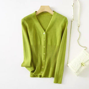 Core - spun yarn V - neck knitted cardigan women's spring new retro lazy style bottomed top slim sweater jacket women - Negative Apparel