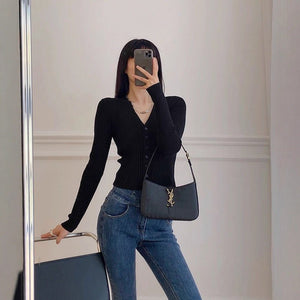 Core - spun yarn V - neck knitted cardigan women's spring new retro lazy style bottomed top slim sweater jacket women - Negative Apparel