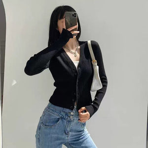 Core - spun yarn V - neck knitted cardigan women's spring new retro lazy style bottomed top slim sweater jacket women - Negative Apparel