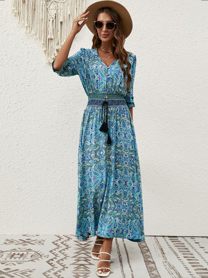 Cotton three - quarter sleeve waisted Bohemian leisure vacation beach dress - Negative Apparel