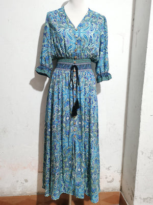 Cotton three - quarter sleeve waisted Bohemian leisure vacation beach dress - Negative Apparel