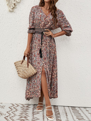 Cotton three - quarter sleeve waisted Bohemian leisure vacation beach dress - Negative Apparel