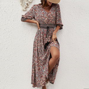 Cotton three - quarter sleeve waisted Bohemian leisure vacation beach dress - Negative Apparel