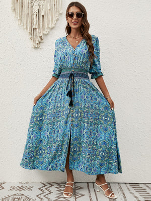 Cotton three - quarter sleeve waisted Bohemian leisure vacation beach dress - Negative Apparel