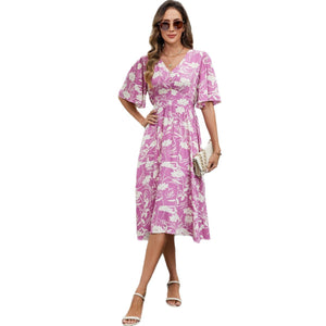 Cotton V - neck waist seaside vacation wind pendulum dress - Negative Apparel