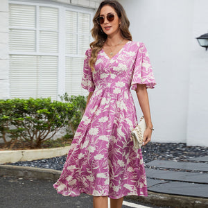 Cotton V - neck waist seaside vacation wind pendulum dress - Negative Apparel