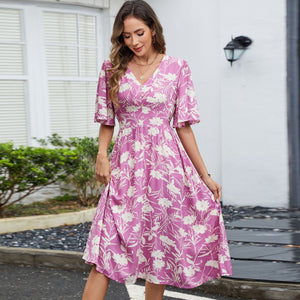 Cotton V - neck waist seaside vacation wind pendulum dress - Negative Apparel