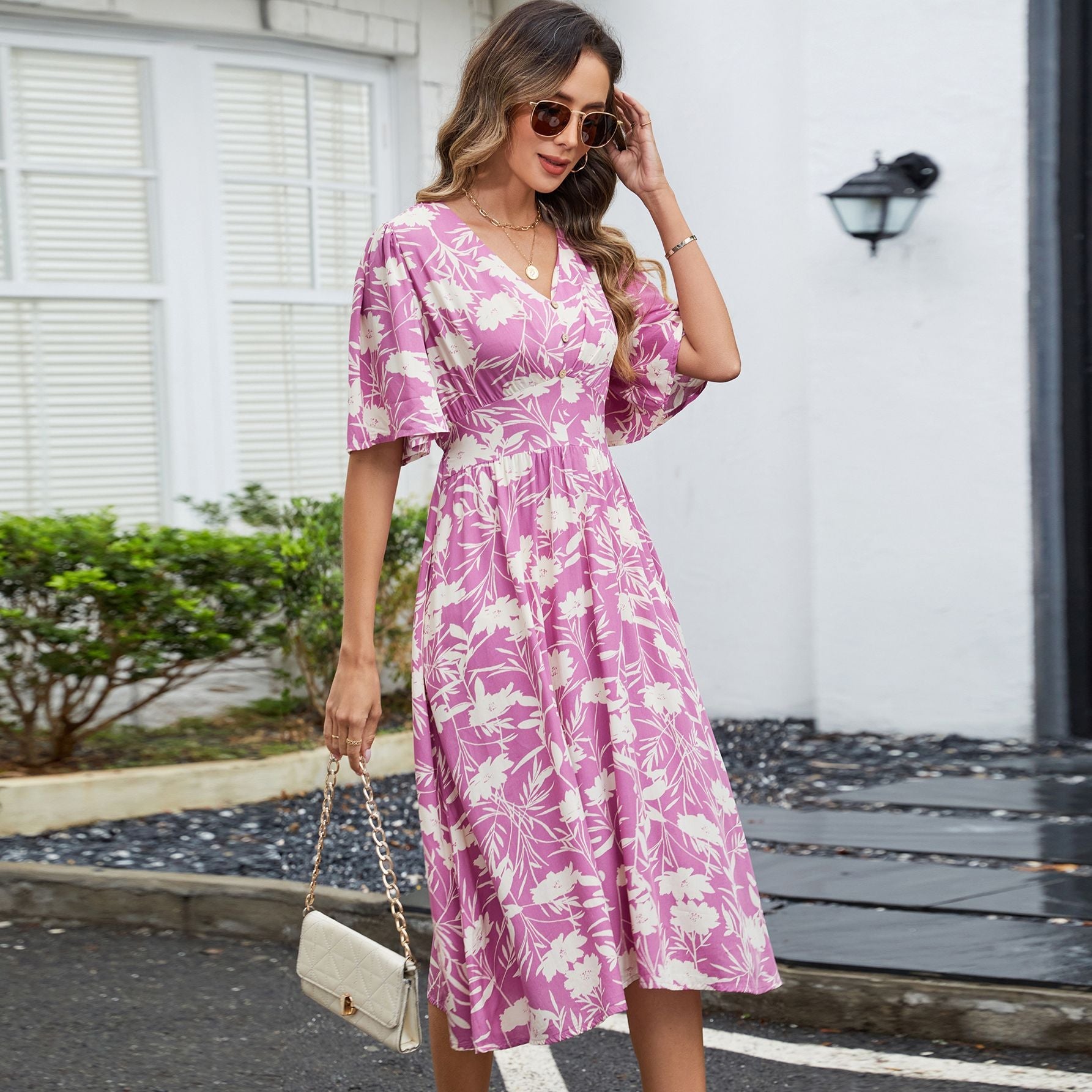 Cotton V - neck waist seaside vacation wind pendulum dress - Negative Apparel