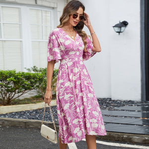 Cotton V - neck waist seaside vacation wind pendulum dress - Negative Apparel