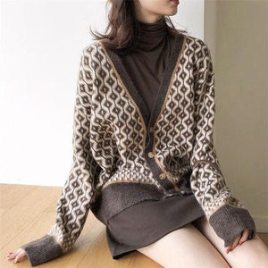 Cozy Thick V - Neck Cardigan Sweater – Geometric Pattern, Japanese & Korean Casual Chic - Negative Apparel