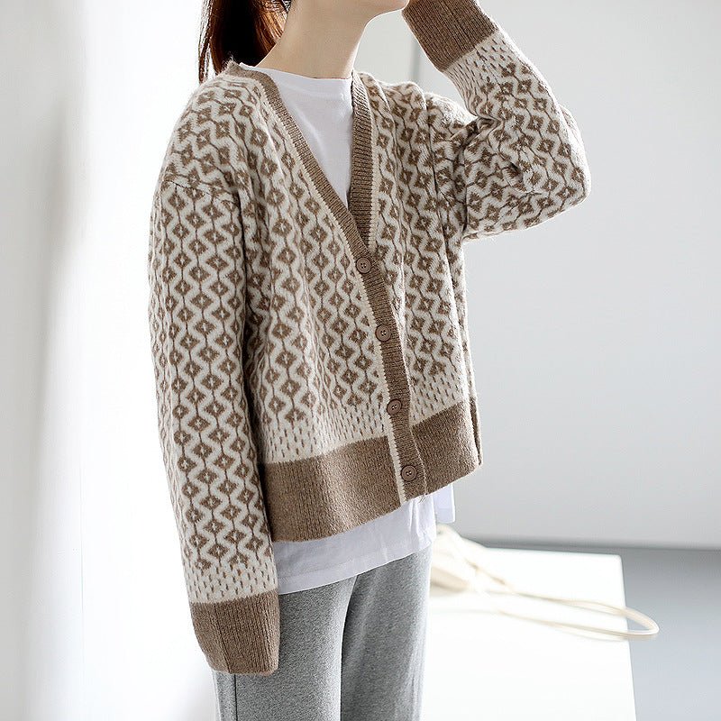 Cozy Thick V - Neck Cardigan Sweater – Geometric Pattern, Japanese & Korean Casual Chic - Negative Apparel