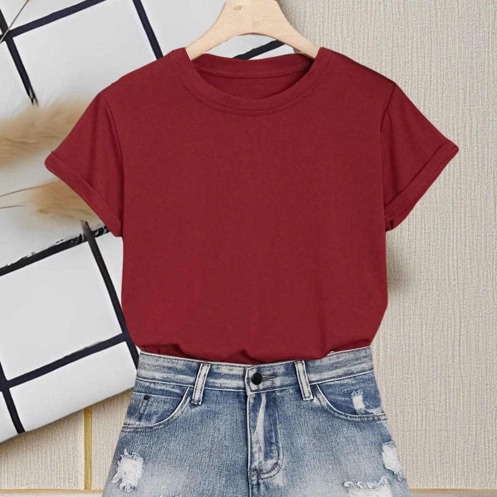 Crew neck t-shirt women's short - sleeved summer 2025 solid color new short - sleeved cotton - containing t-shirt casual versatile top - Negative Apparel